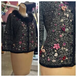 Vintage 90s Y2K Berek Cardigan Sweater Beaded Feather Trim Floral 2000s XS/S
